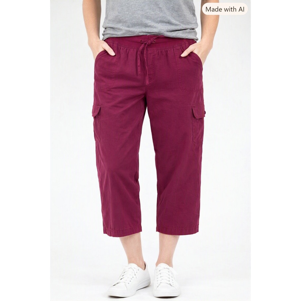 Utility Crop Cargo Pants Womens 16W Maroon Comfort Casual Hiking Everyday NEW